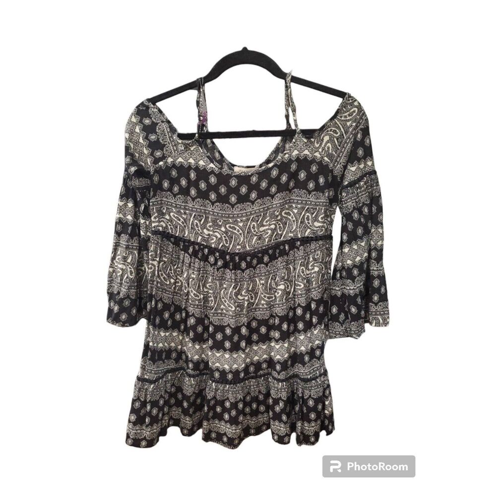Phanuel Boho Dress Women Small Crochet Lace Trim Black Ivory Paisley Print